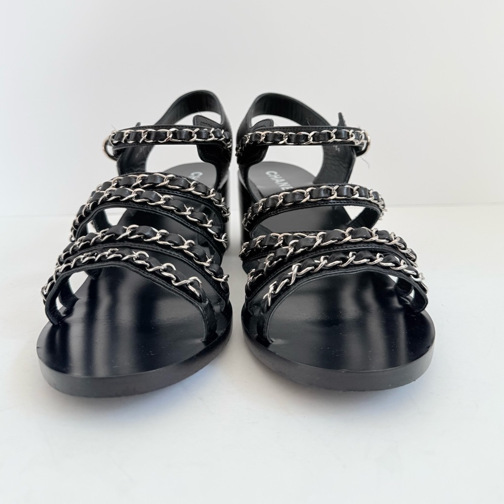 Chanel 20C Chain Strap Sandals Black Calfskin Silver Chain Heel Sandals EU 39.5 - Picture 3 of 10